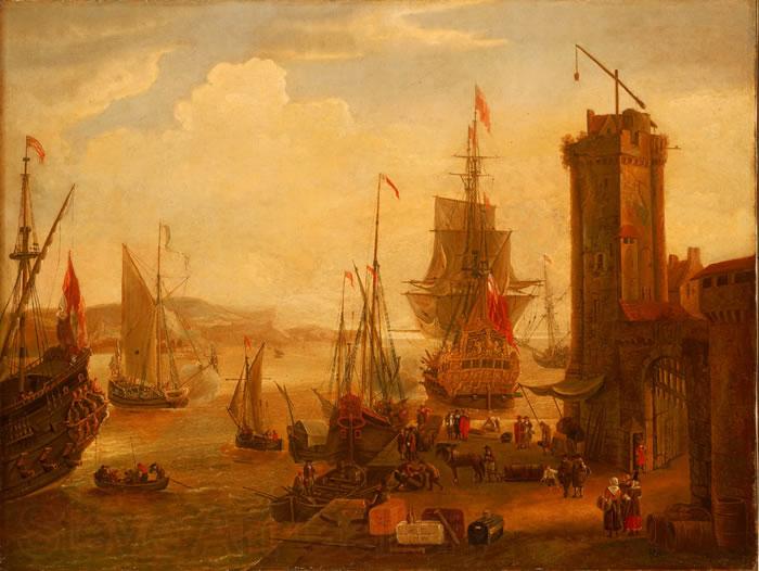 Jacob Knyff English and dutch ships taking on stores at a port